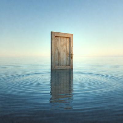The primary subject of the image is a wooden door standing in the middle of a body of water, possibly an ocean. The door is open, and it appears to be floating on the water. The setting is a vast, open body of water with no visible land or other objects. The visual style of the image is a combination of photo and digital art, creating a surreal and intriguing scene. The dominant colors in the image are blue and white, which contribute to the serene and peaceful atmosphere.
